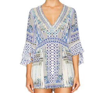 Camilla Blue and White Printed V-Neck Romper